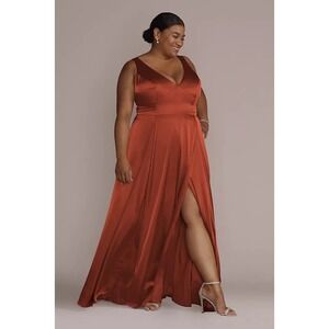 GALINA SIGNATURE Satin Cinnamon Maxi Gown Dress‎ V Neck Slit Size 20